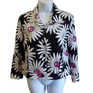 ITW by Claude Brown Black White‎ Daisy Print Blazer Cropped Jacket Size 10 Retro